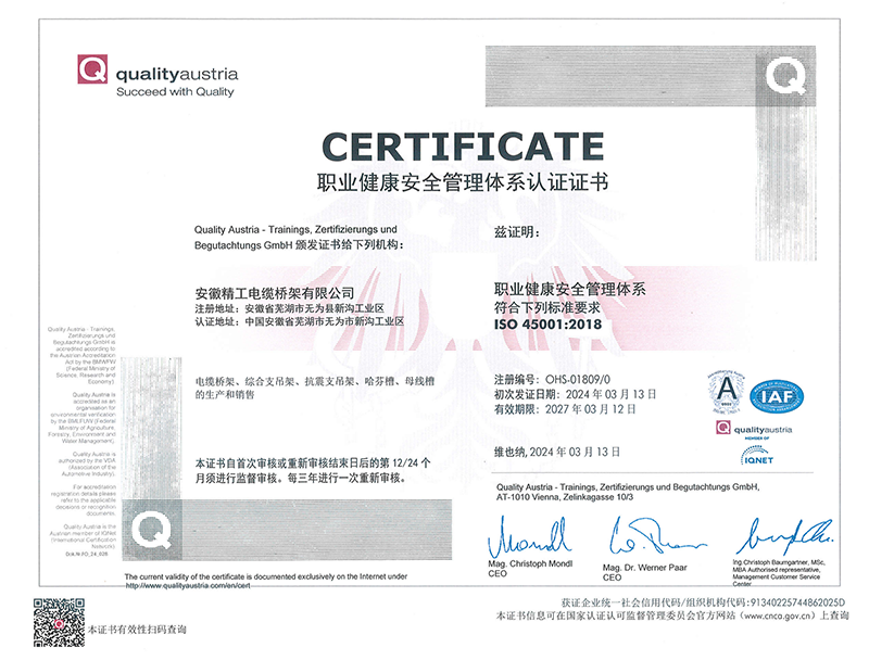 職業健（jiàn）康安全（quán）管理體係認證證書